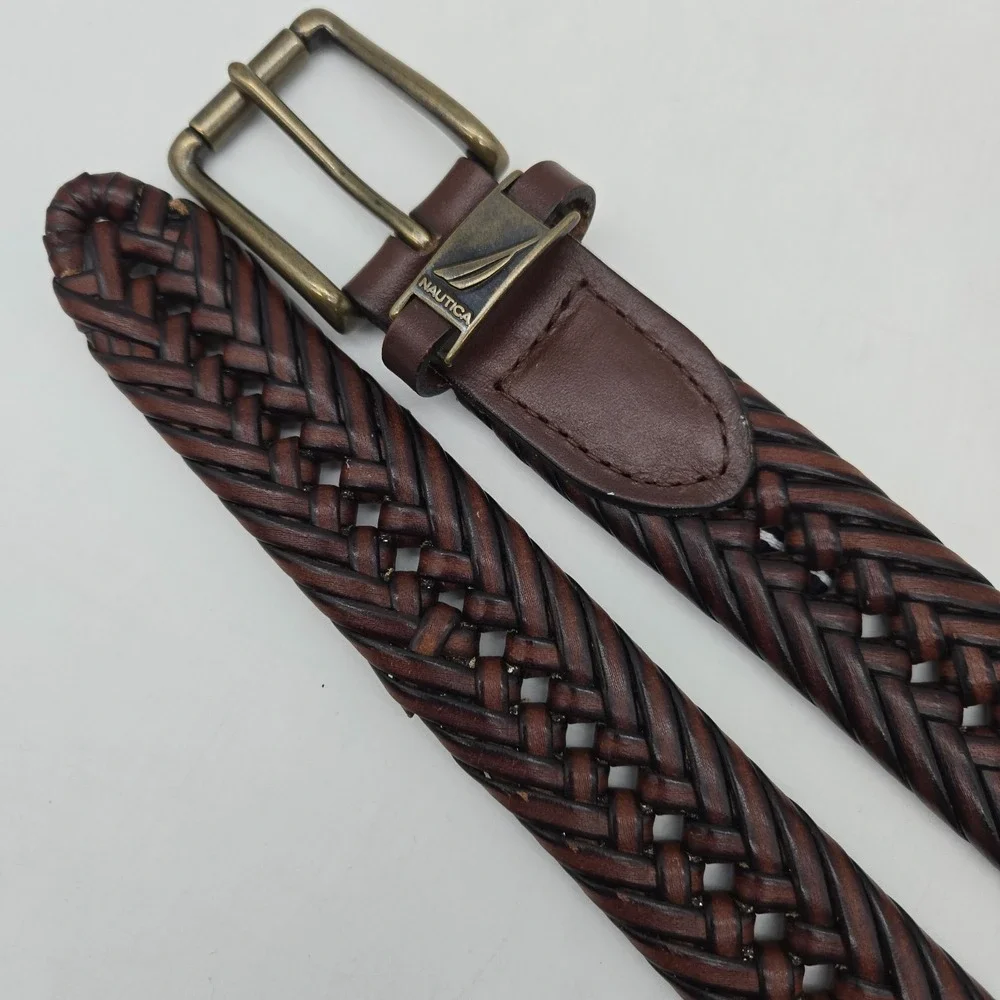 Nautica Braided Belt Brown Leather Mens 34 Bronze Buckle New